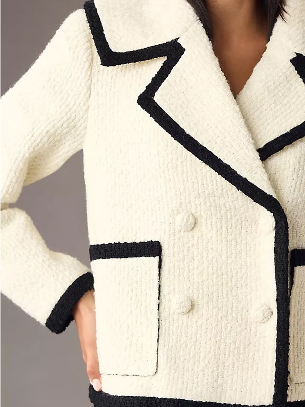 Avec Les Filles from Anthropologie Women's Cream Bouclé Jacket with Black Trim L - Picture 2 of 7